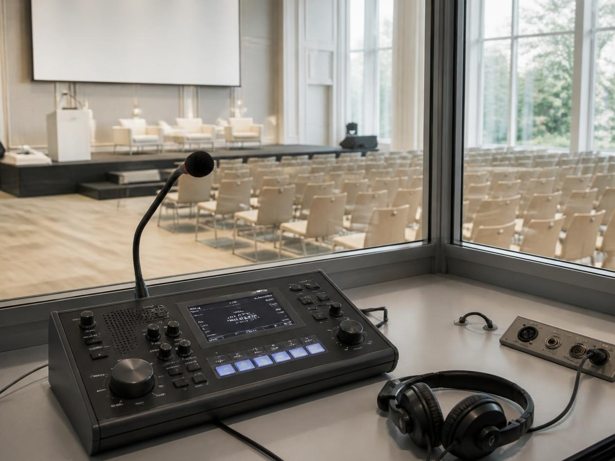 Simultandolmetscher bei einer internationalen Konferenz