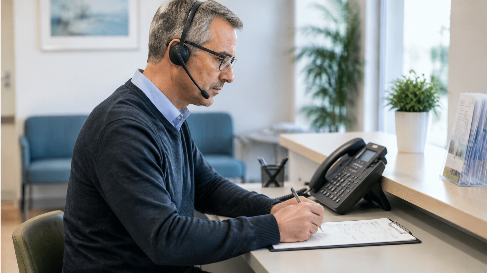 Telefon-Dolmetscherin mit Headset beim Telefondolmetschen