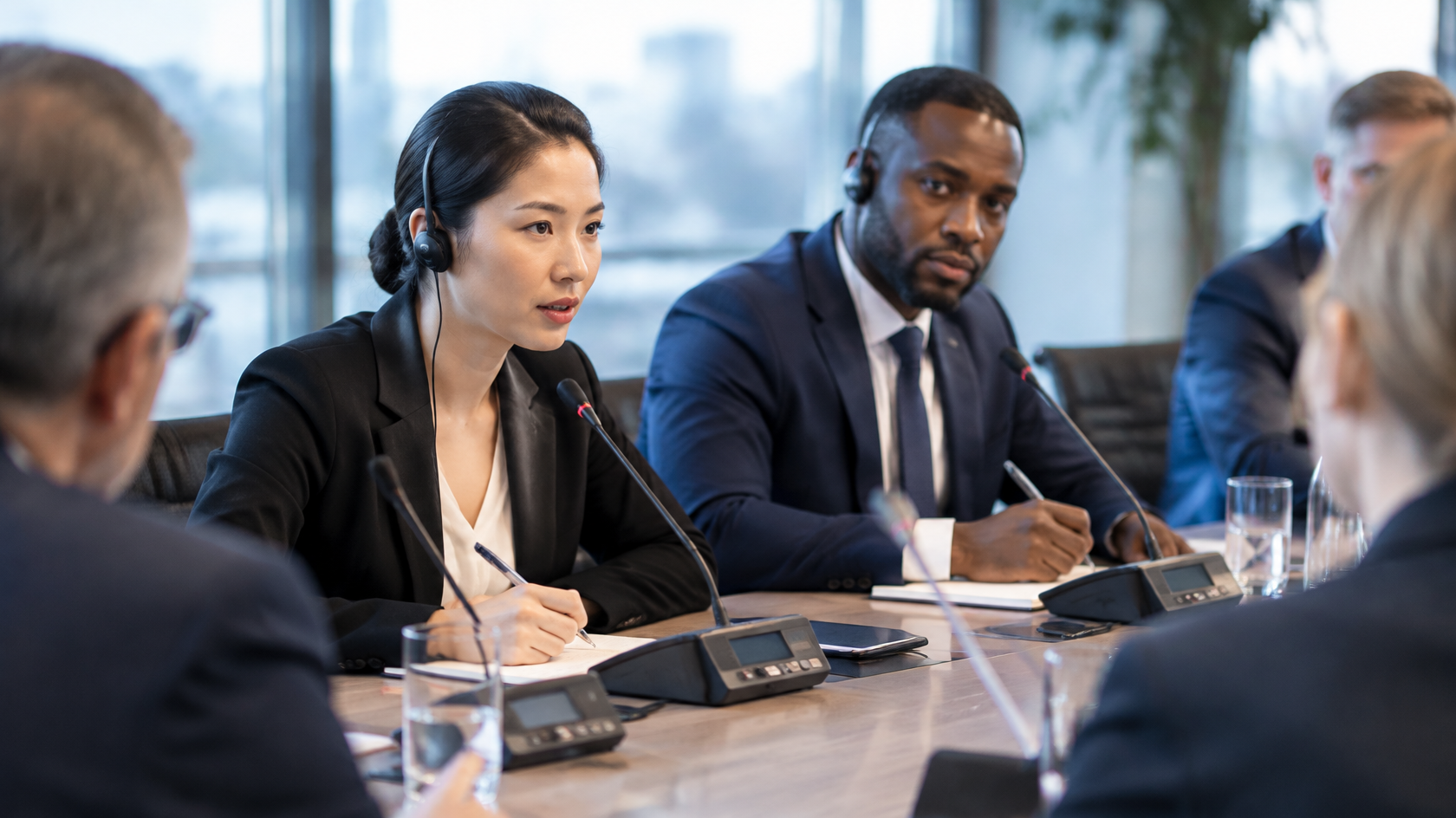 Verhandlungsdolmetscher bei einem Meeting mit internationalen Partnern